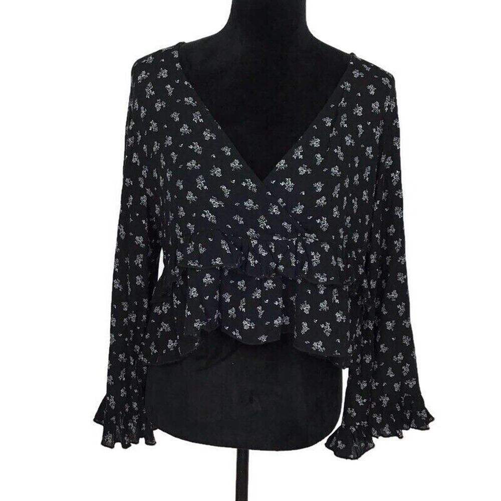 We My People Black Ruffle Crop Top V Neck Black White Boho Peasant Festival NEW